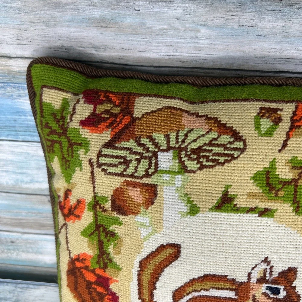 Vintage Needlepoint Pillow Chipmunk Fall Mushroom Leaves Handmade Retro 70s 80s‎